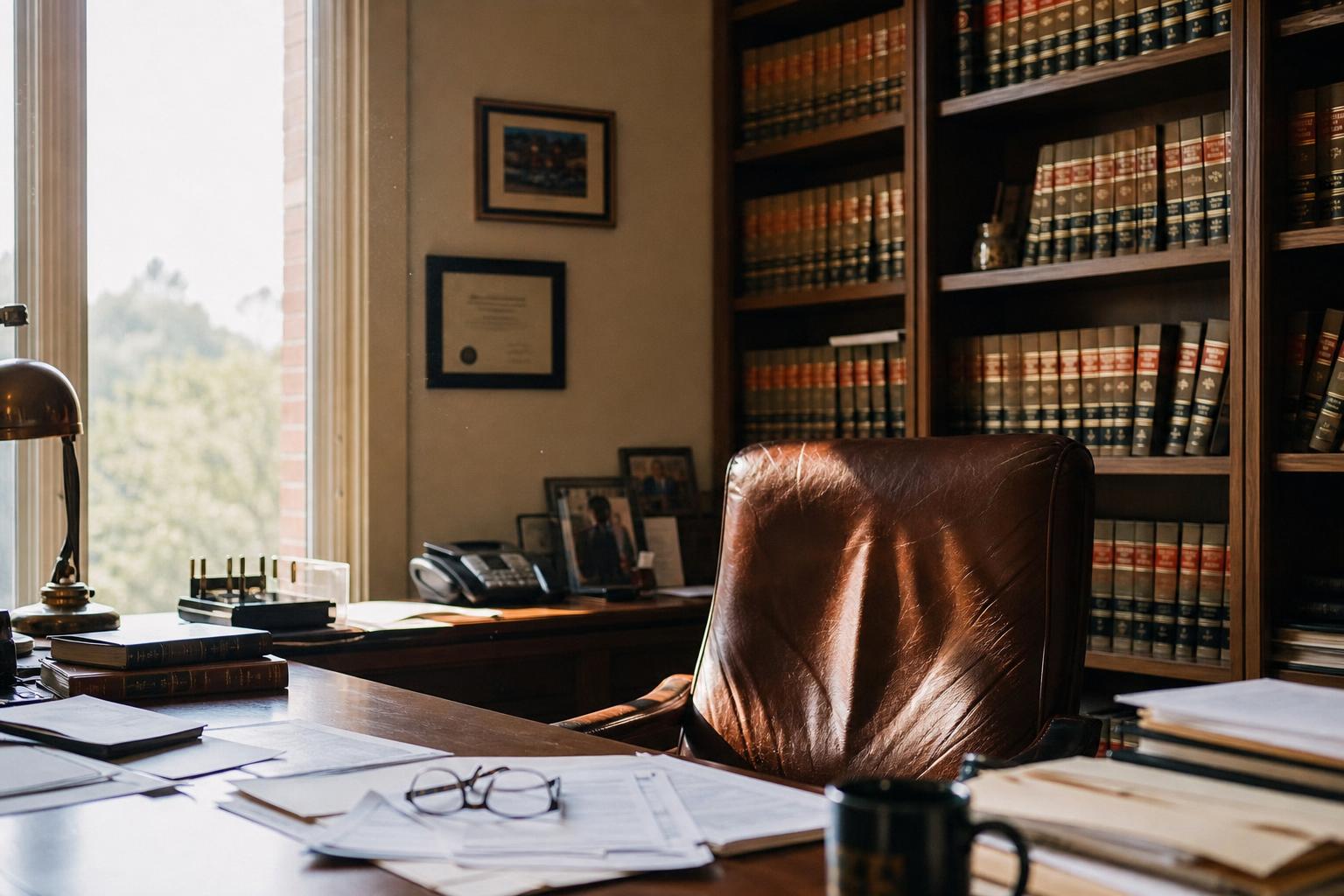 Traditional law office interior with walnut bookshelves and afternoon light